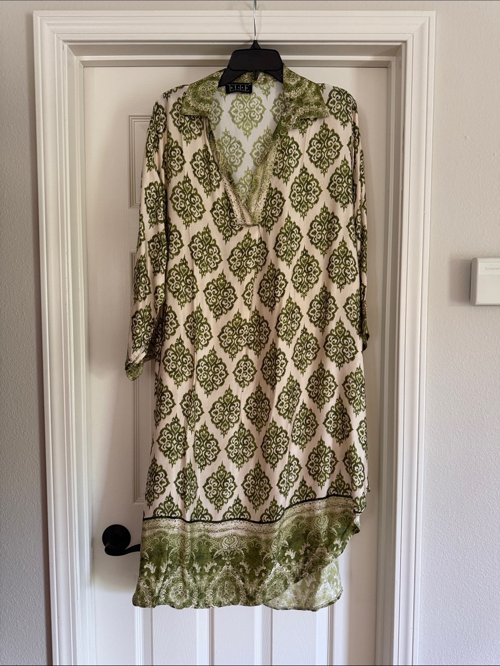 Eterne Cream and Olive Green High-Low Silk Dress